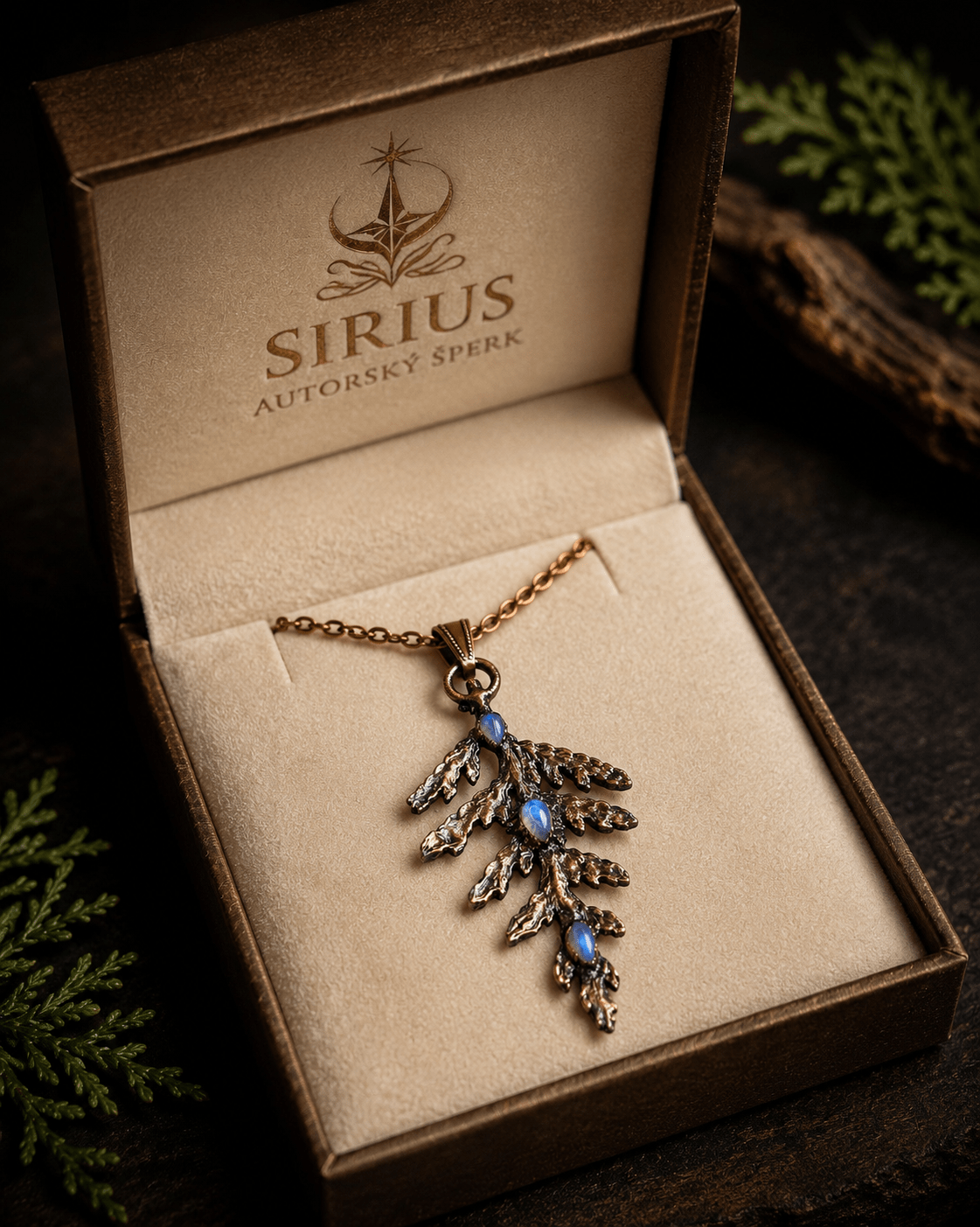 Měděný talisman Větvička tuje se třemi měsíčními kameny v dárkové krabičce Sirius