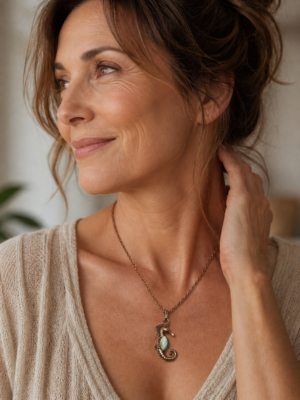 Žena s autorským měděným talismanem ve tvaru mořského koníka s larimarem z dílny Sirius