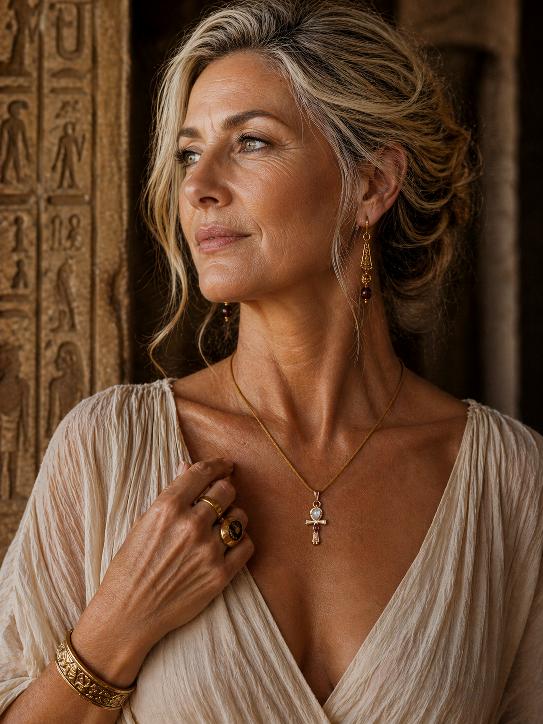 žena nosí náhrdelník egyptský kříž života ankh měděný talisman měsíční kámen granát