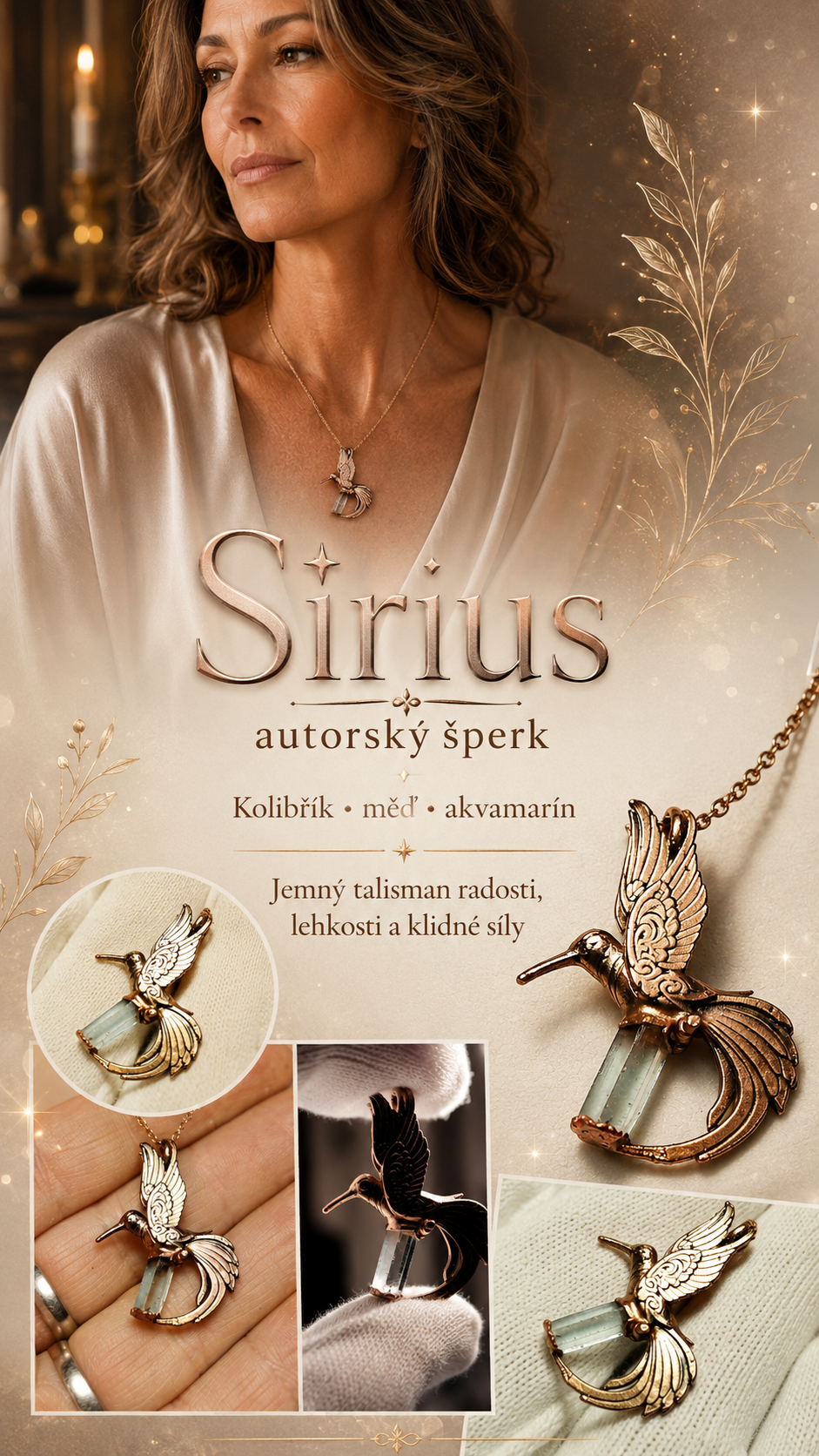 Kolibřík – měděný talisman s akvamarínem | Sirius autorský šperk - Obrázek 4