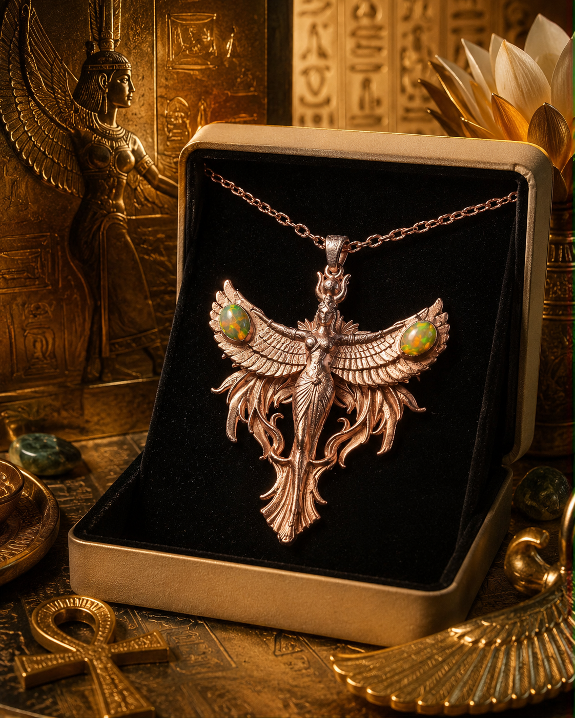 Autorský měděný talisman Sirius bohyně Isis s etiopskými opály v dárkové krabičce s egyptskou symbolikou