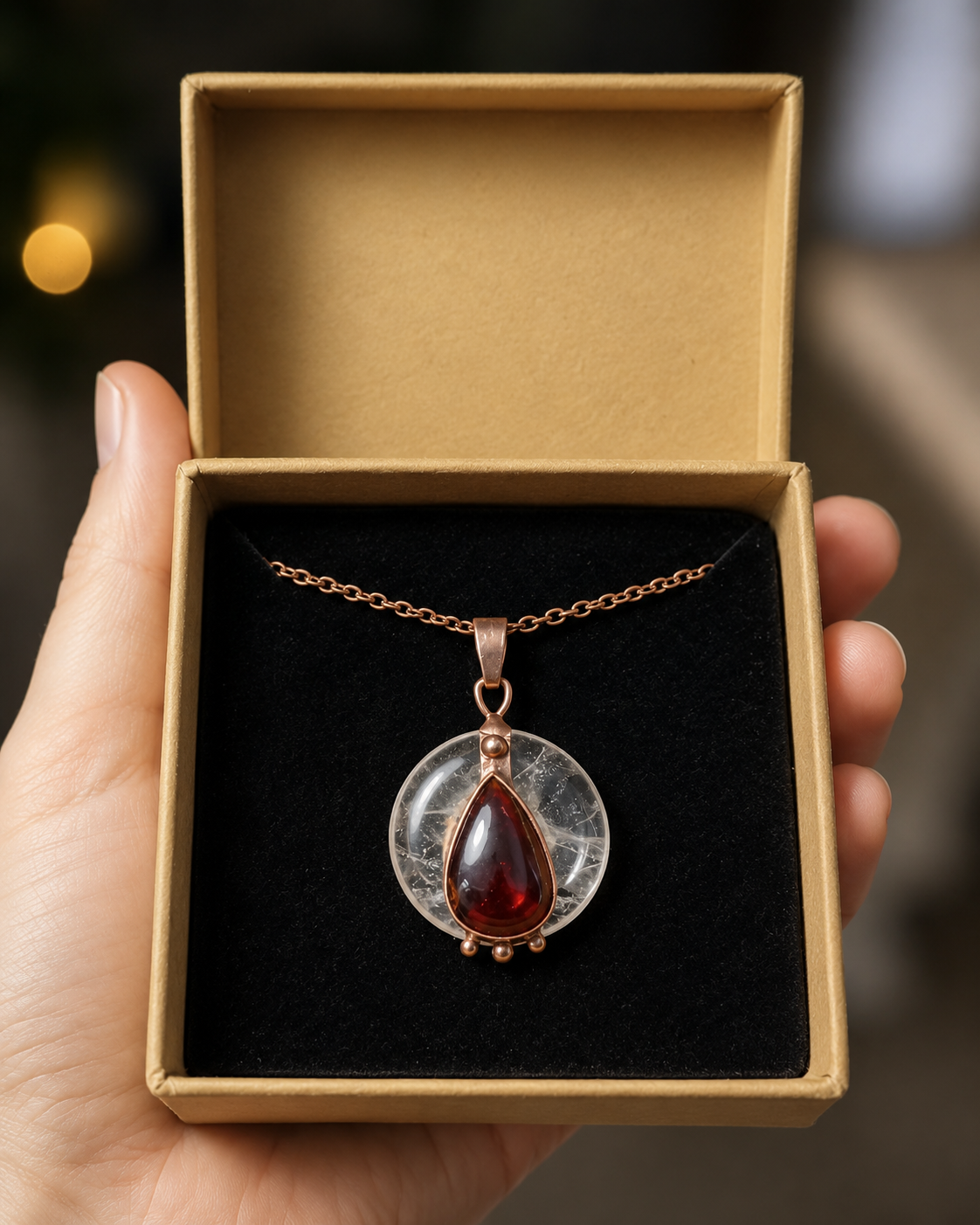 Měděný talisman Kapka životního světla s křišťálem a granátem v dárkové krabičce, autorský šperk Sirius