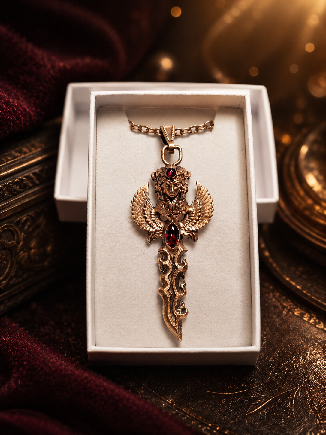 Měděný talisman Valkýra se dvěma granáty uložený v dárkové krabičce.