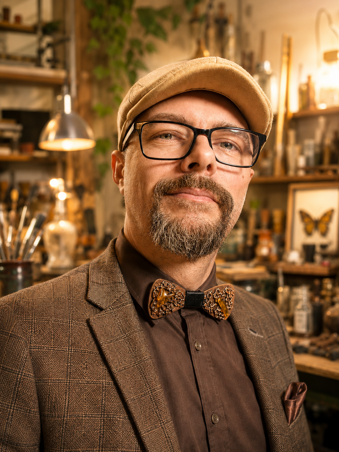 Jaroslav Tomek z dílny Sirius představuje autorský motýlek z mědi, včelí plástve a pravého jantaru