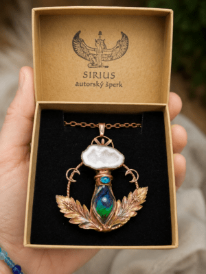 Autorský měděný talisman s pavím peříčkem, křišťálem s drúzou a apatitem neo v dárkové krabičce Sirius autorský šperk