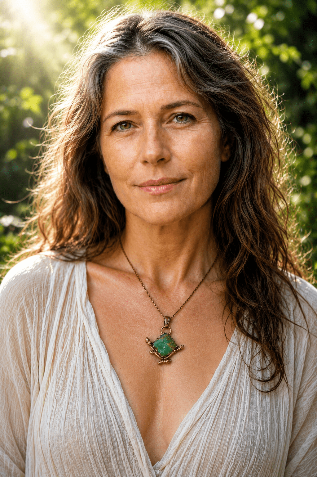 Žena s autorským měděným talismanem s přírodním chryzoprasem na krku od Sirius autorský šperk.