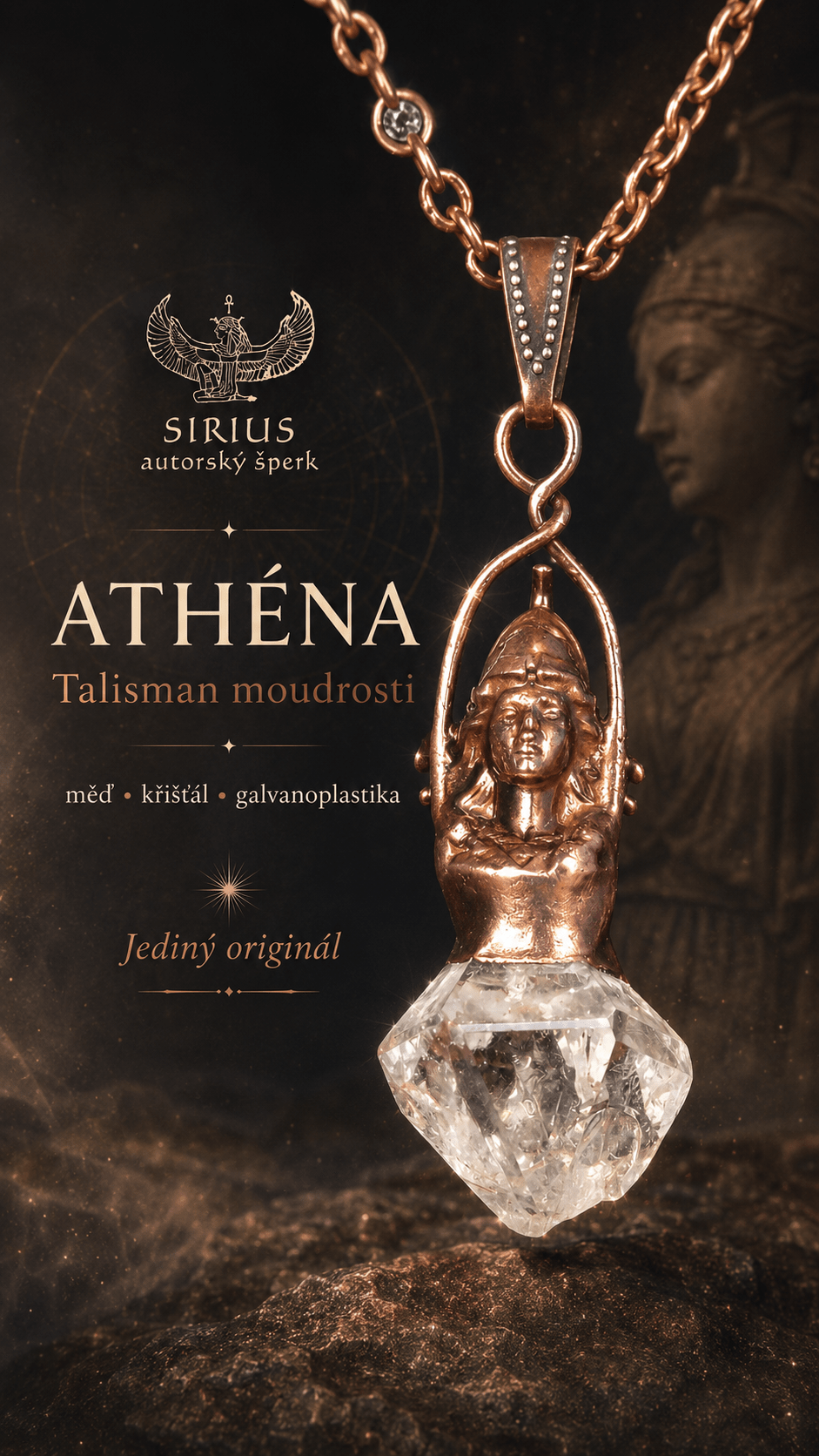 Reklamní banner autorského talismanu Athéna s křišťálem od Sirius autorský šperk