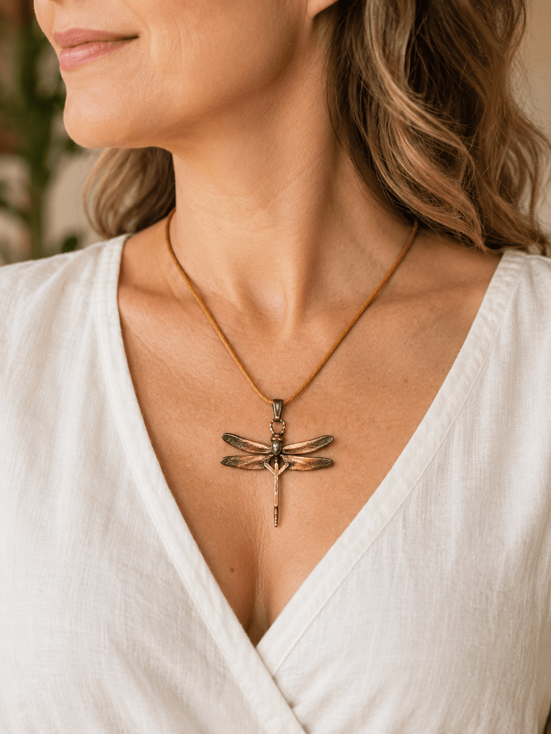 Žena s měděným talismanem Vážka světla a labradoritem na krku