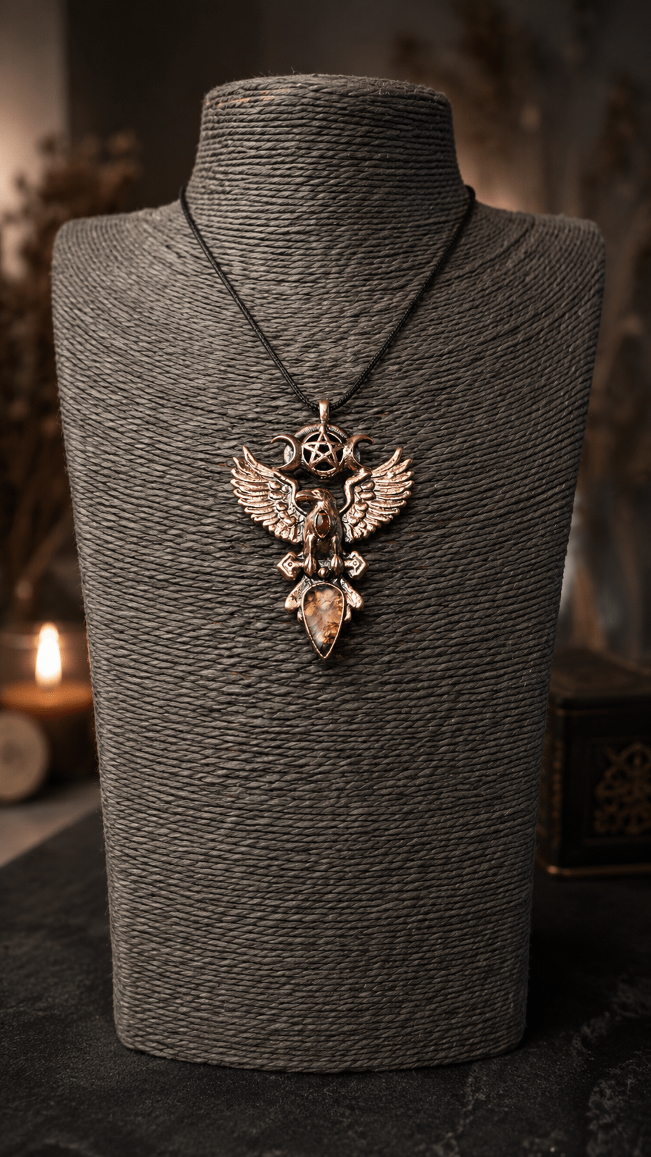 Měděný havraní talisman s granátem, mechovým achátem, pentagramem, Měsícem a runou Othala – Sirius autorský šperk