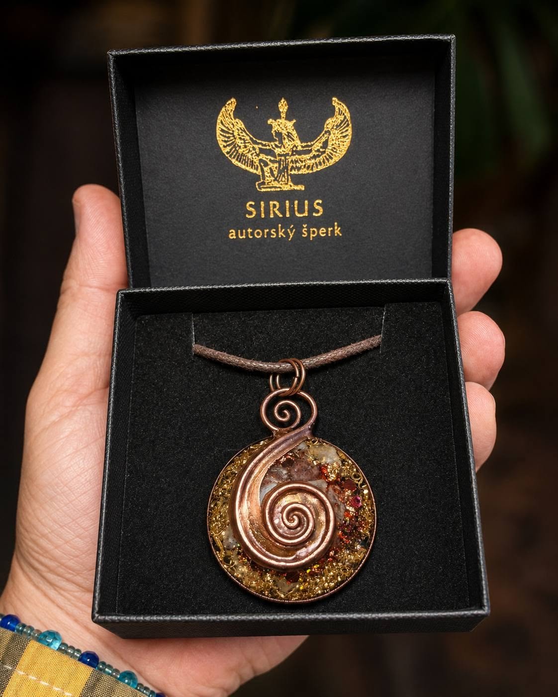 Orgonitový talisman Podzimní souznění s měděnou spirálou v dárkové krabičce Sirius autorský šperk