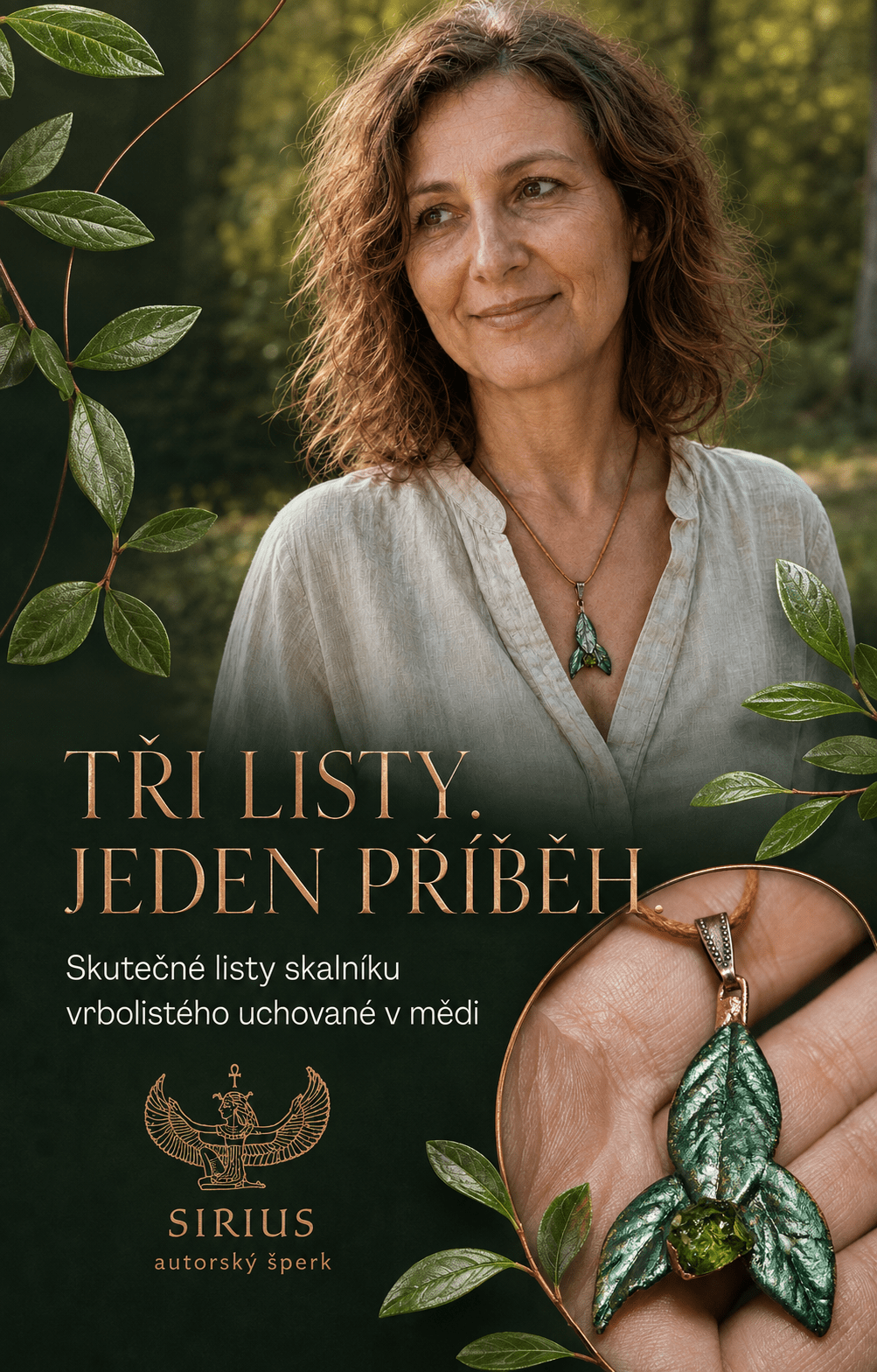 Reklamní banner talismanu Trojlist Země s modelkou, detailem šperku, listy skalníku a logem Sirius autorský šperk