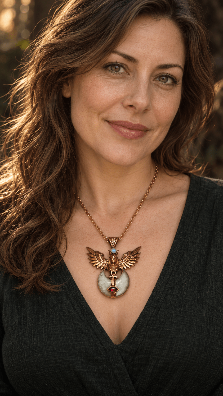 Žena s měděným talismanem Křídla Isis s granátem, měsíčním kamenem, křišťálovým měsícem a symbolem anch